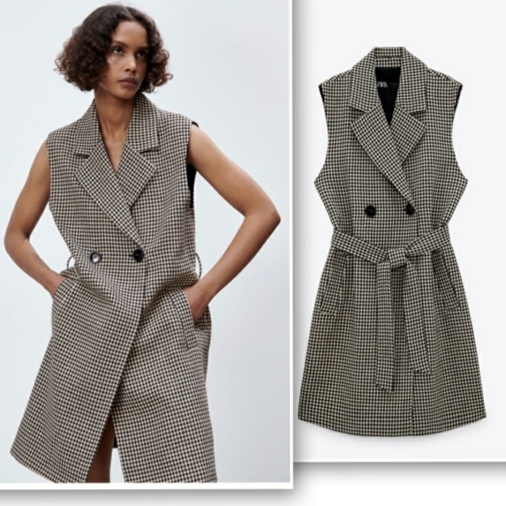 Zara LONG GINGHAM VEST - sand / black Bloggers favorite